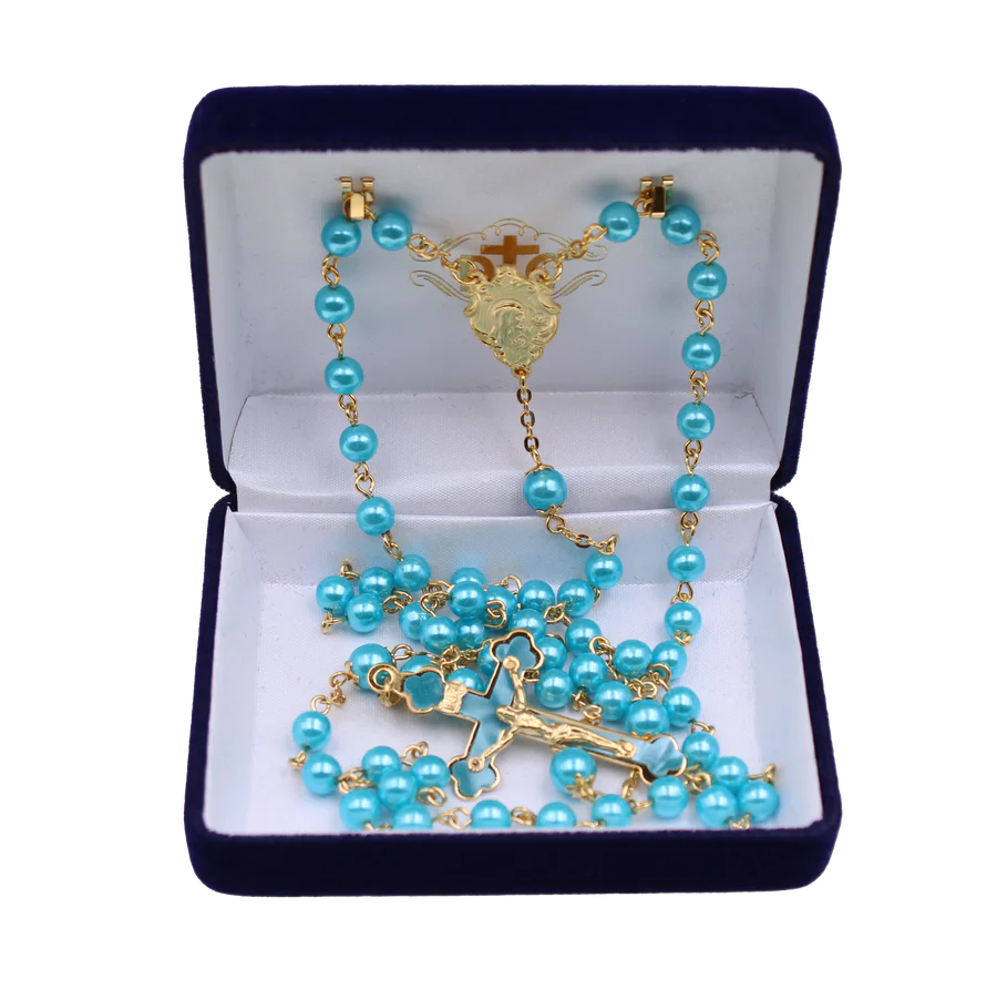 Aqua Blue Pearl Gold Plated Rosary