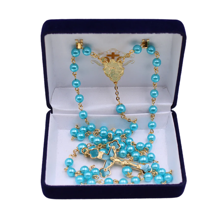 Aqua Blue Pearl Gold Plated Rosary