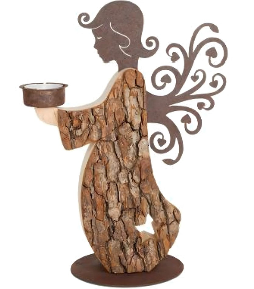 10.5" Pine Wood & Metal Angel Candlestick Holder