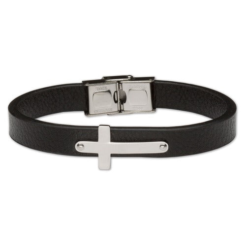 Stainless Steel Cross Leather Bracelet - Black