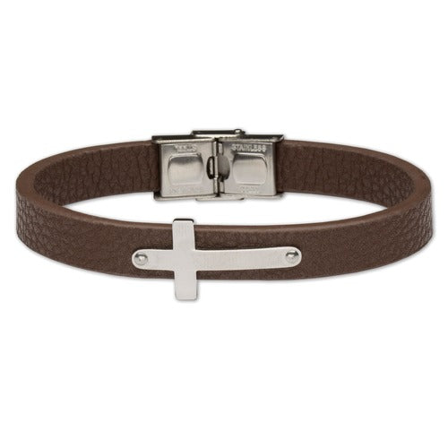 Stainless Steel Cross Leather Bracelet - Brown