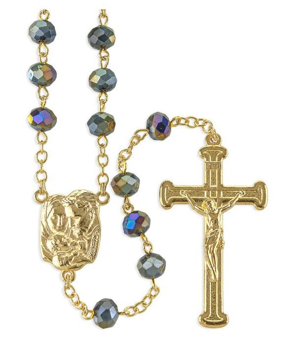 8mm Scarab Glass Bead Gold Tone Rosary, Boxed