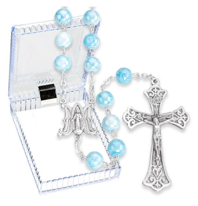8mm Aqua Marbleized Glass Bead Rosary