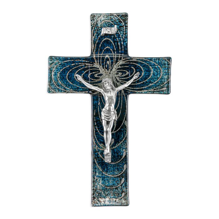 10" Blue and Silver Looped Pattern on Glass Cross with Pewter Finish Corpus