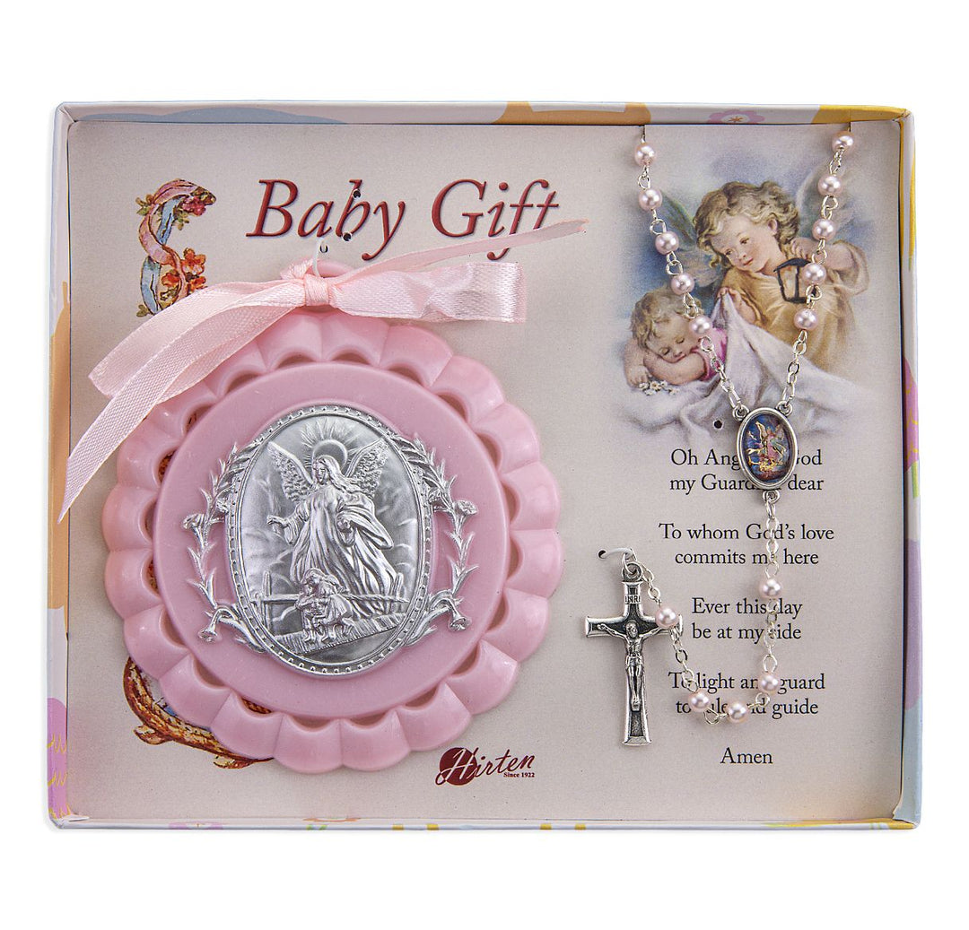 Pink Guardian Angel Baby Crib Medal & Rosary Set