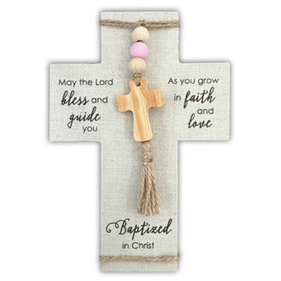 Pink Beaded Fabric Baptism Cross