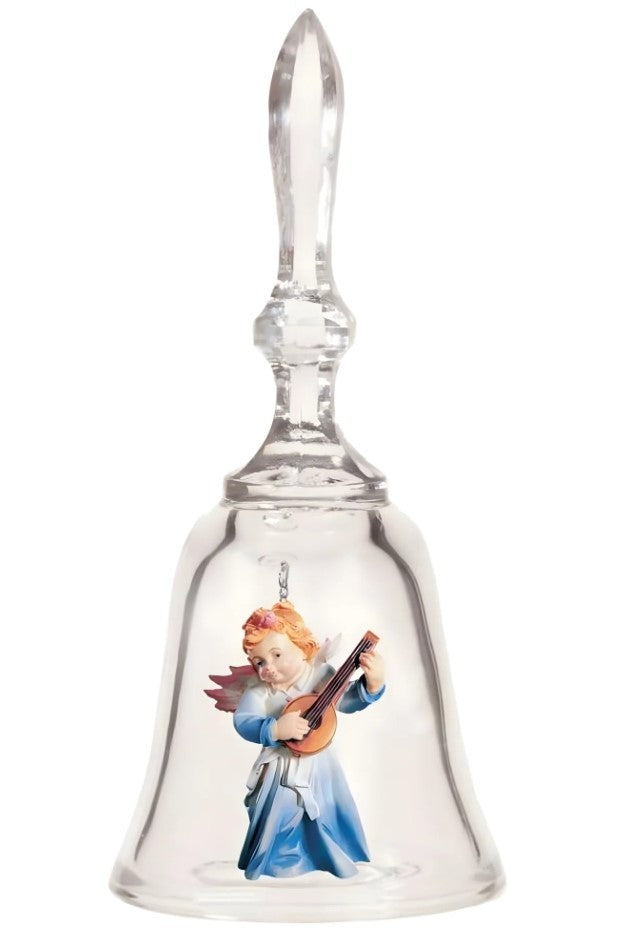 7" Crystal Bell with Maple Wood Blue Musical Cherub Angel