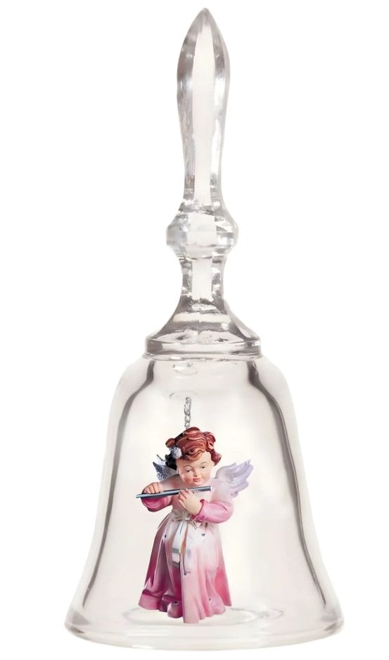 7" Crystal Bell with Maple Wood Pink Musical Cherub Angel