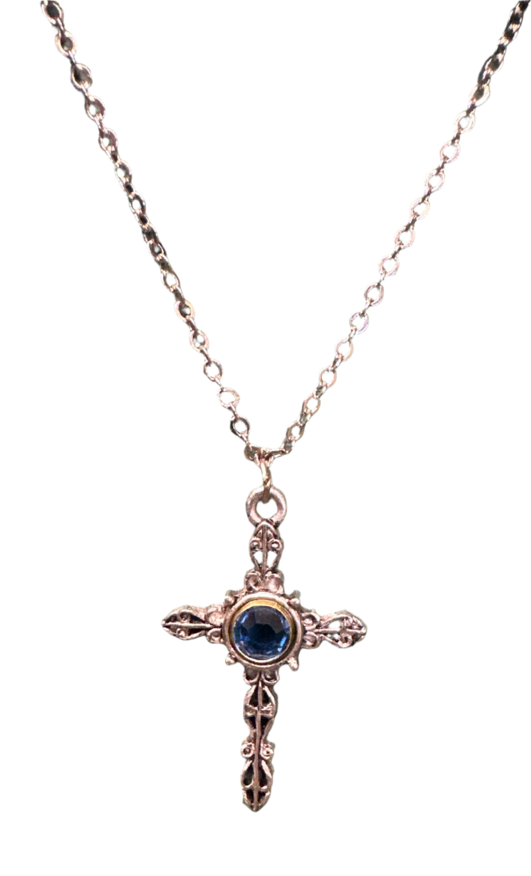 Pewter Cross Necklace with Sapphire Crystal Center