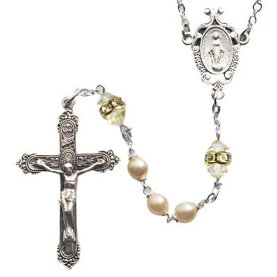 Pearl/Clear Crystal Silver Rosary