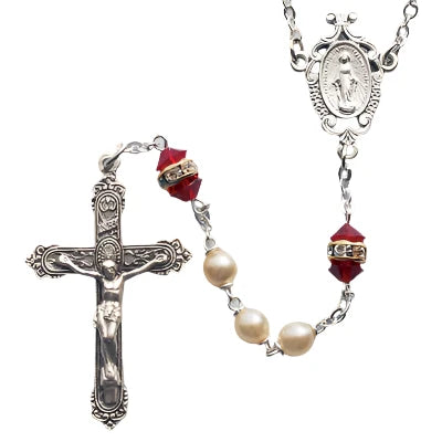 Pearl/Ruby Silver Rosary