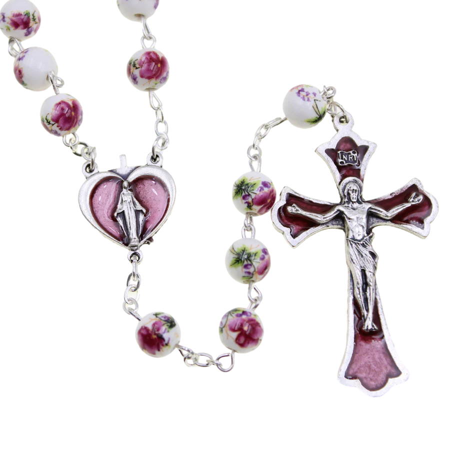 8mm Rose Painted Ceramic Bead Rosary with Enameled Center and Crucifix