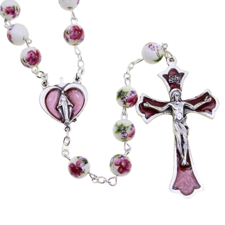 8mm Rose Painted Ceramic Bead Rosary with Enameled Center and Crucifix