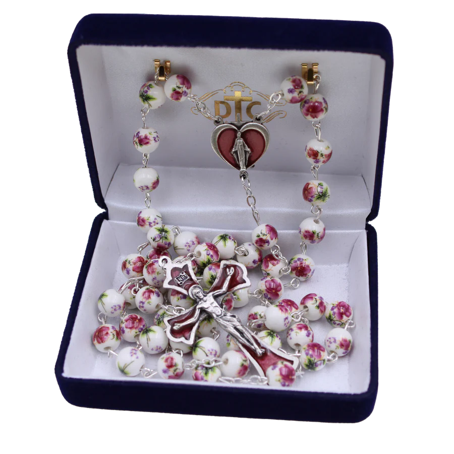 8mm Rose Painted Ceramic Bead Rosary with Enameled Center and Crucifix
