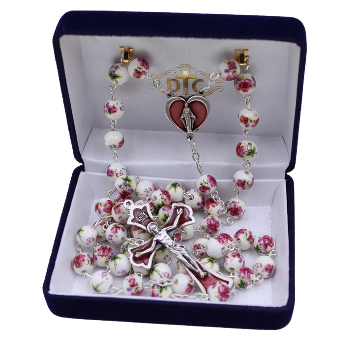 8mm Rose Painted Ceramic Bead Rosary with Enameled Center and Crucifix