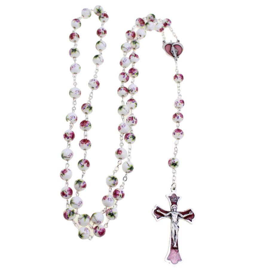 8mm Rose Painted Ceramic Bead Rosary with Enameled Center and Crucifix
