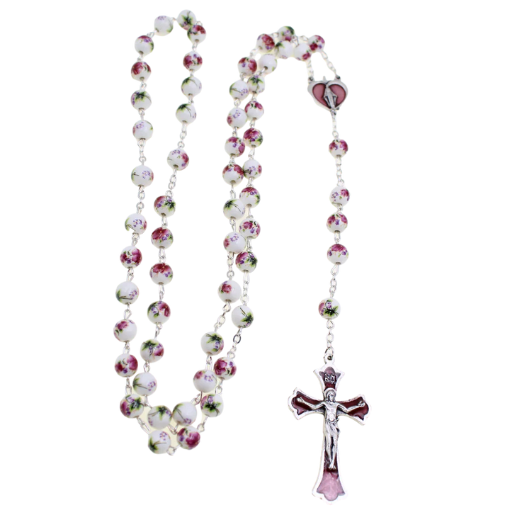 8mm Rose Painted Ceramic Bead Rosary with Enameled Center and Crucifix