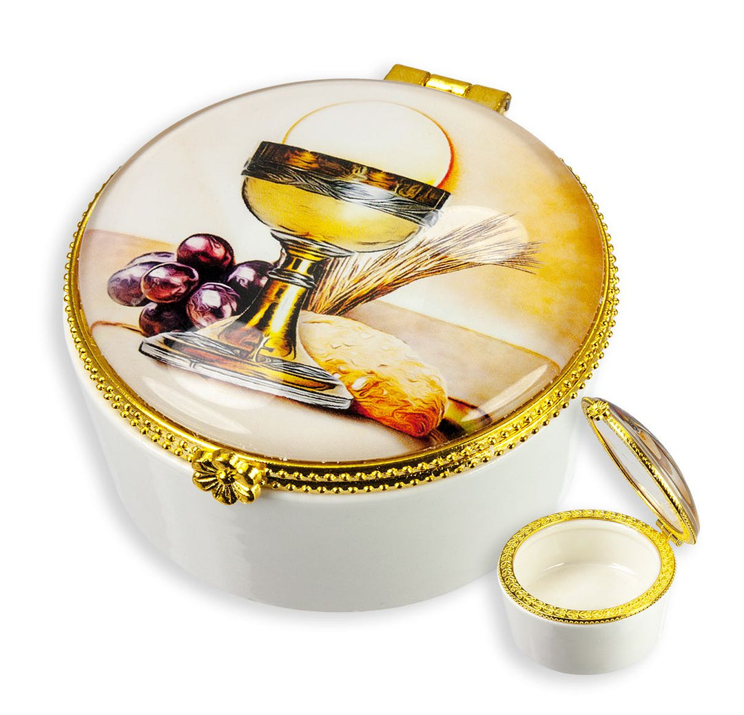 Porcelain Rosary Box with Communion Chalice Glass Cover