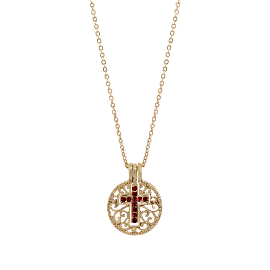 Round Filigree Birthstone Crystal Swinging Cross Pendant Necklace - January