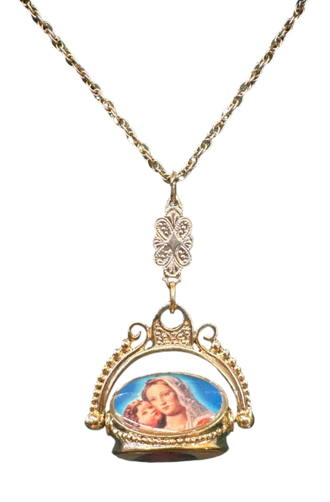 14KT Gold Dipped Madonna & Child/Cherub Enamel Spinner Necklace