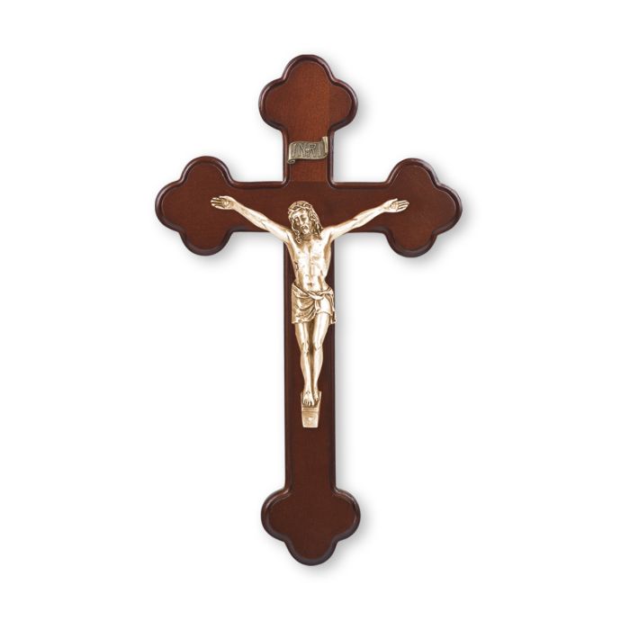 10" Dark Cherry Wood Cross with Museum Gold Finish Antiqued Corpus