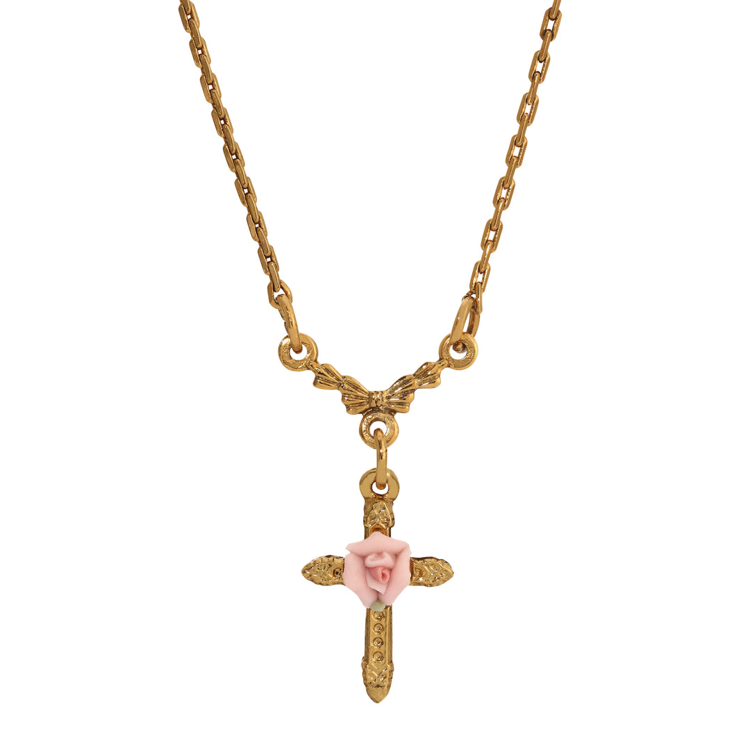 Pink Porcelain Rose Cross Pendant Necklace