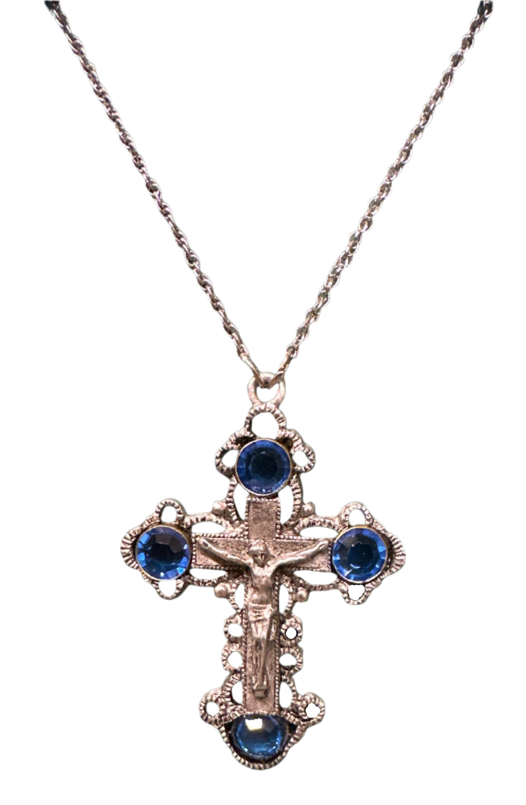 Pewter & Sapphire Crystal Crucifix Necklace