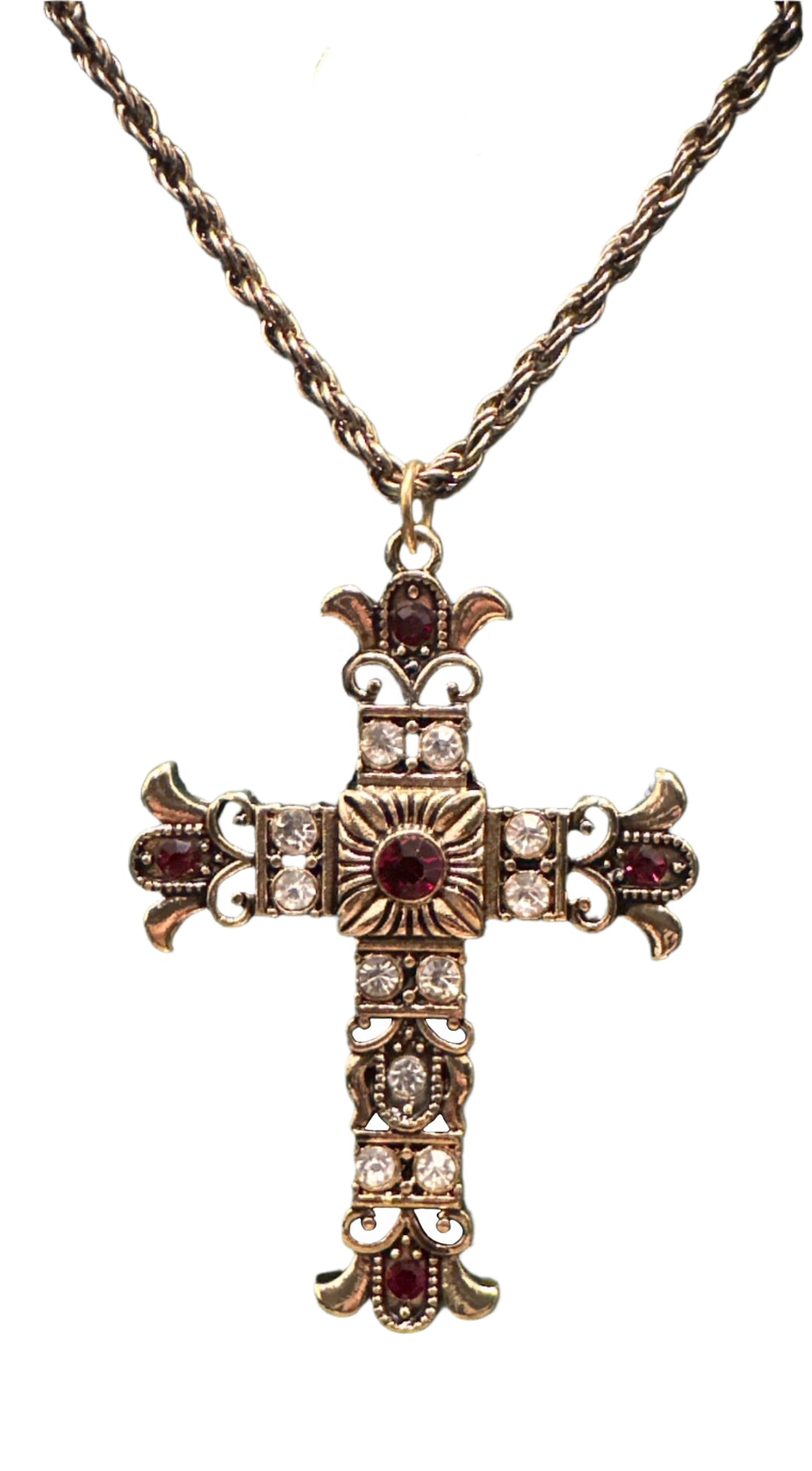 Red/White Crystal Necklace with Bronze Cross