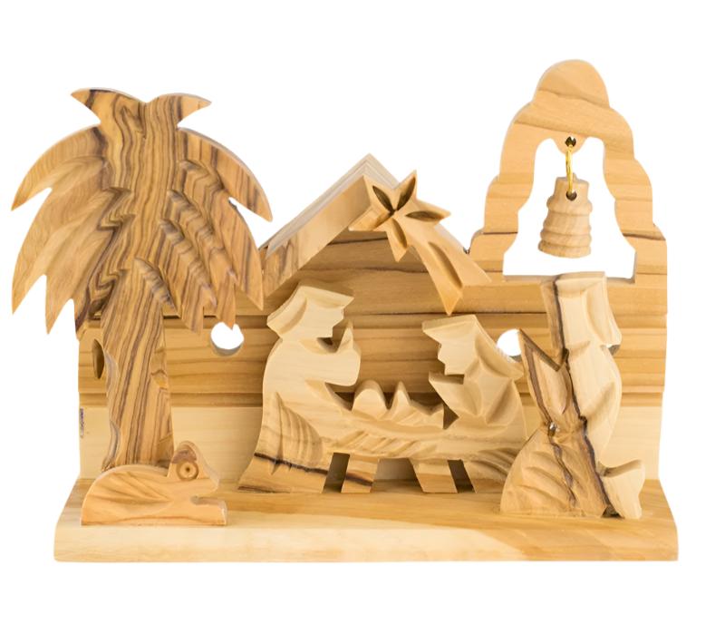 Olive Wood Grotto with Bell Nativity