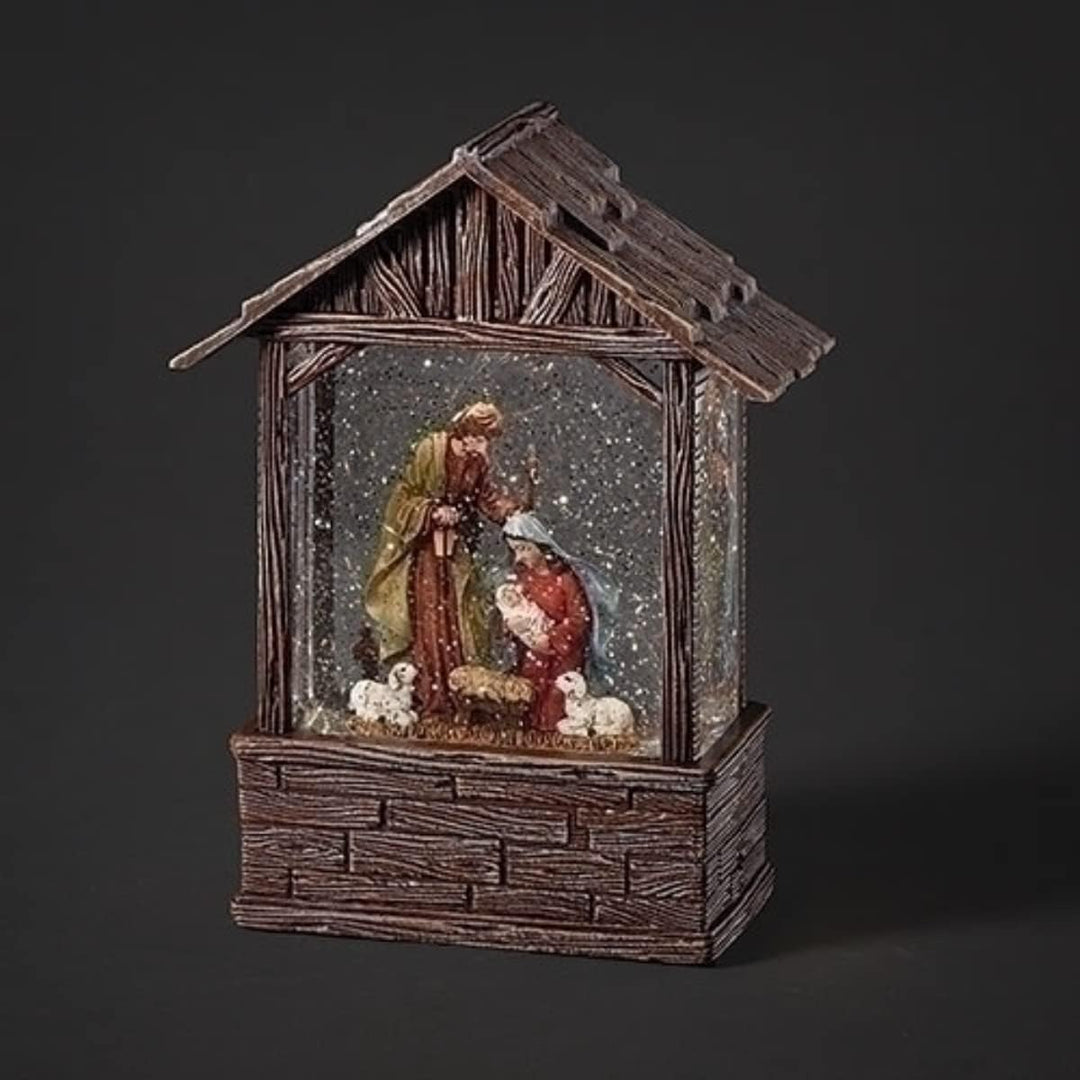 8.25" LED Swirl Wood Stable with Holy Family Snow Globe