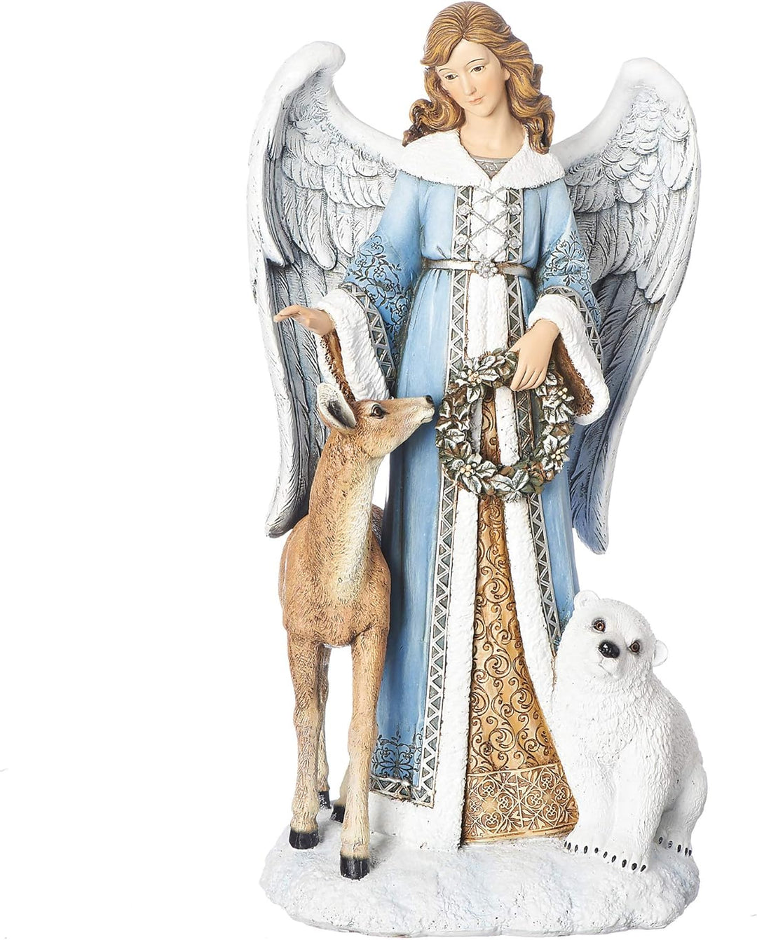 13" Blue Angel with Deer & Bear Holding Wreath