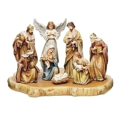 17" 9 piece Nativity on Wood Slab Base (Faux Wood)