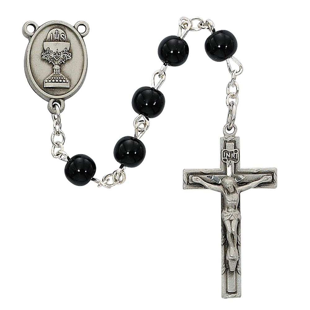 6mm Black Glass First Communion Rosary with Chalice Centerpiece