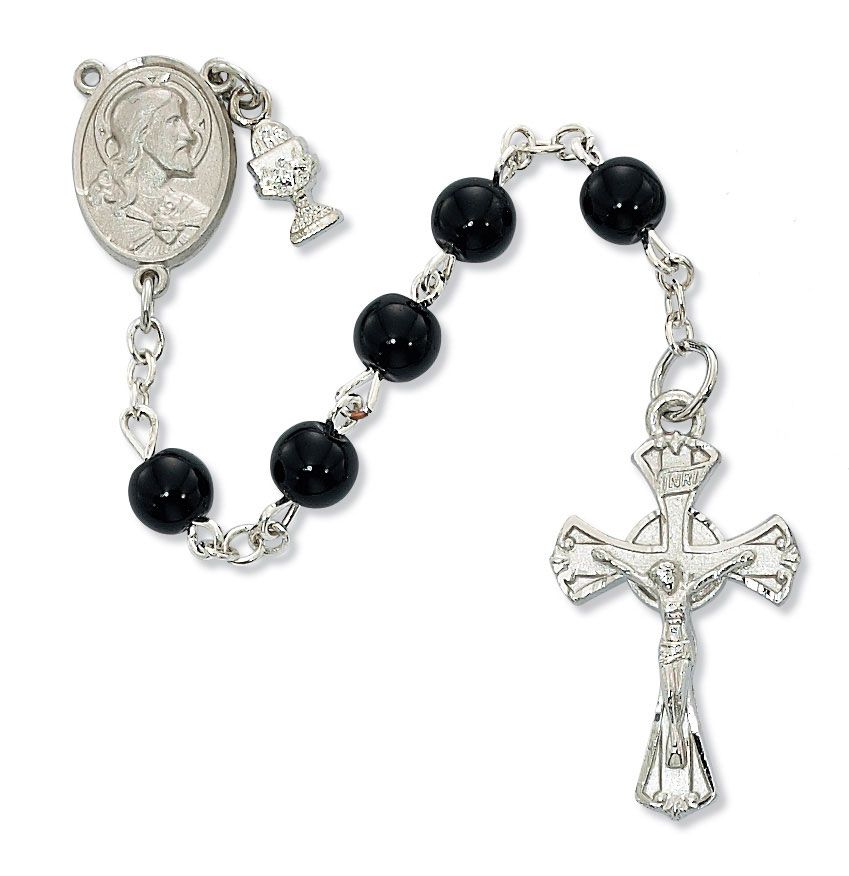 6mm Black Glass First Communion Rosary with Tiny Rhodium Chalice