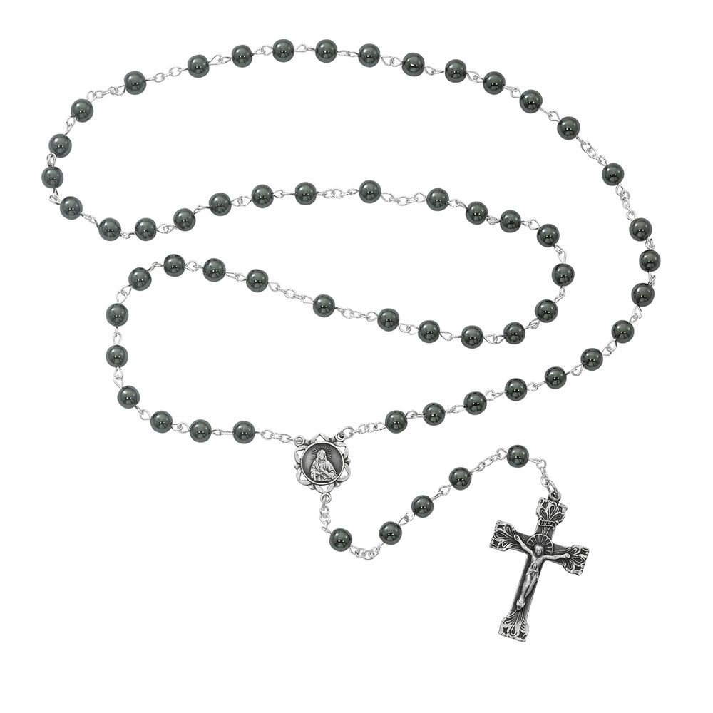 6mm Genuine Hematite Rosary with Pewter Center and Crucifix