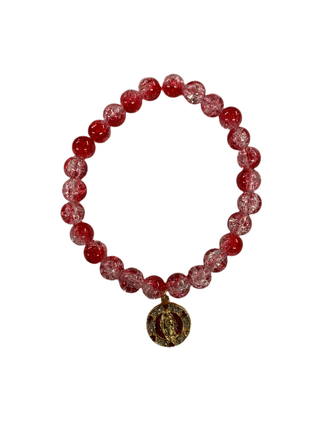 7MM Red Glass Bracelet with Red & Gold Our Lady of Guadalupe Medal