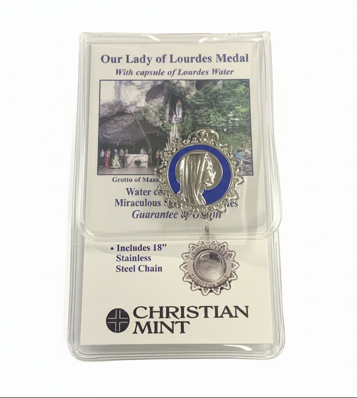 18" Our Lady of Lourdes Water Pendant with Stainless Steel Chain