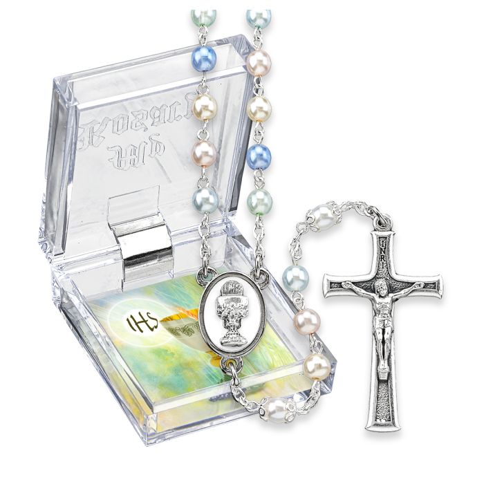 5mm Oval Multicolor Pearlized Glass First Communion Rosary