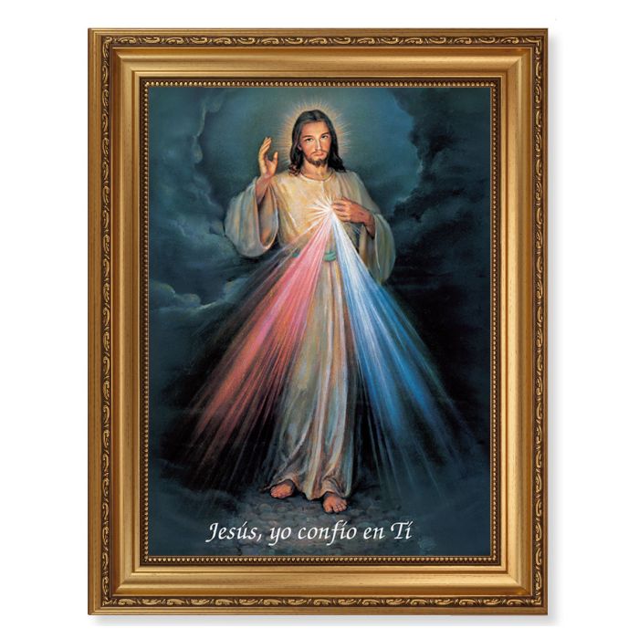 Antique Gold Leaf Beveled Frame with Bead Inlay and Divine Mercy in Spanish Textured Art