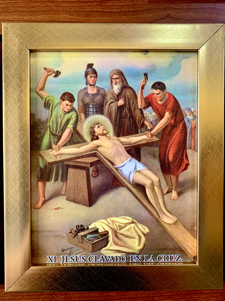 15 Piece Gold Frame "Stations of the Cross" Artworks in Spanish