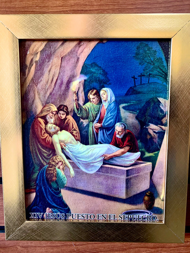 15 Piece Gold Frame "Stations of the Cross" Artworks in Spanish