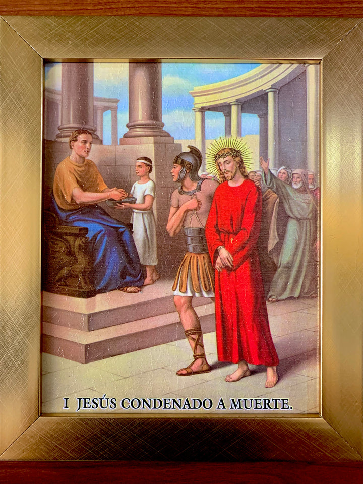 15 Piece Gold Frame "Stations of the Cross" Artworks in Spanish
