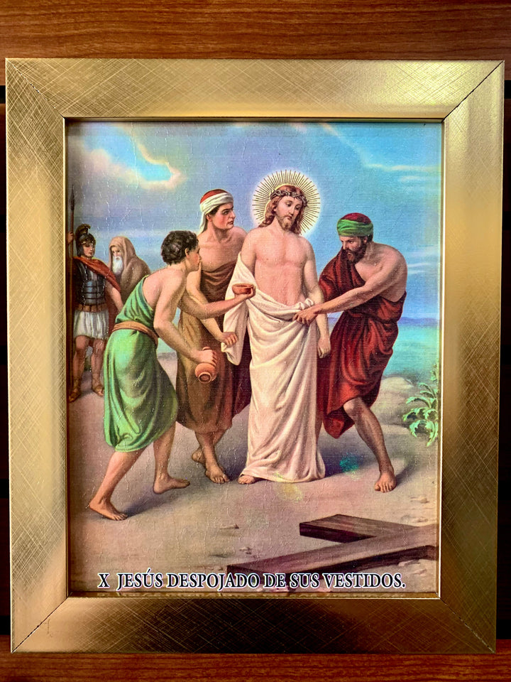 15 Piece Gold Frame "Stations of the Cross" Artworks in Spanish