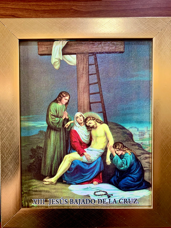 15 Piece Gold Frame "Stations of the Cross" Artworks in Spanish