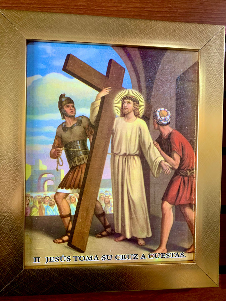 15 Piece Gold Frame "Stations of the Cross" Artworks in Spanish