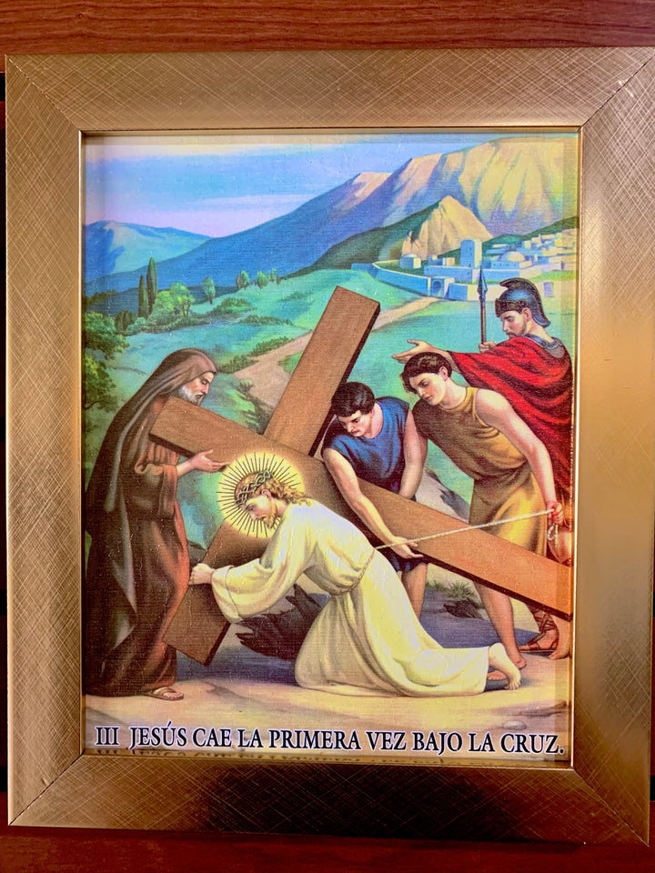 15 Piece Gold Frame "Stations of the Cross" Artworks in Spanish