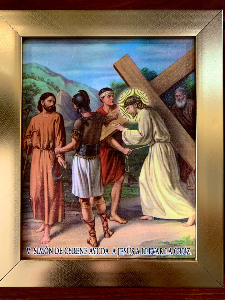 15 Piece Gold Frame "Stations of the Cross" Artworks in Spanish