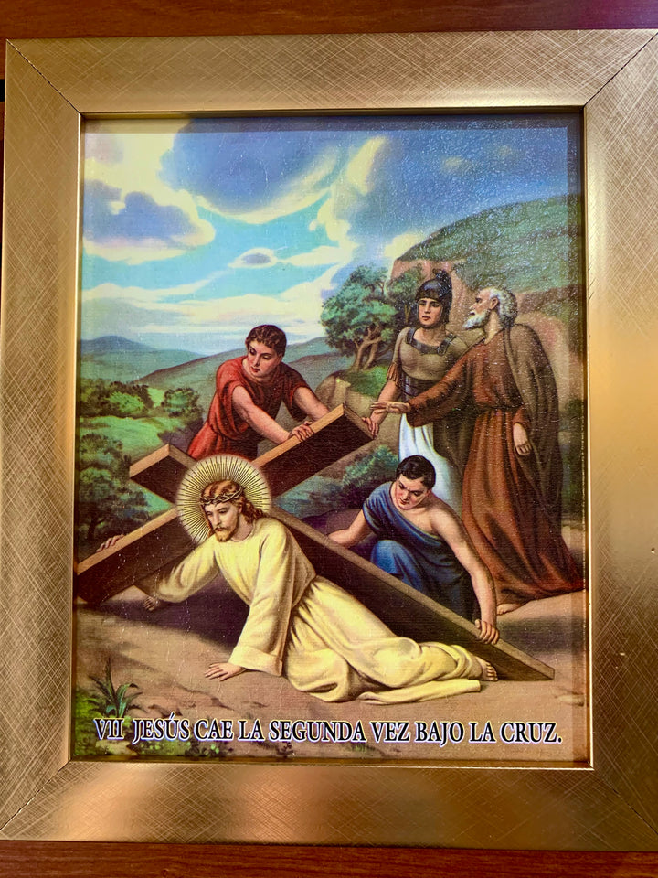 15 Piece Gold Frame "Stations of the Cross" Artworks in Spanish
