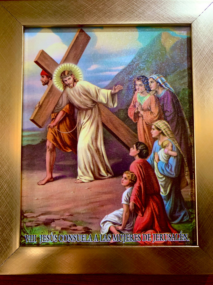 15 Piece Gold Frame "Stations of the Cross" Artworks in Spanish