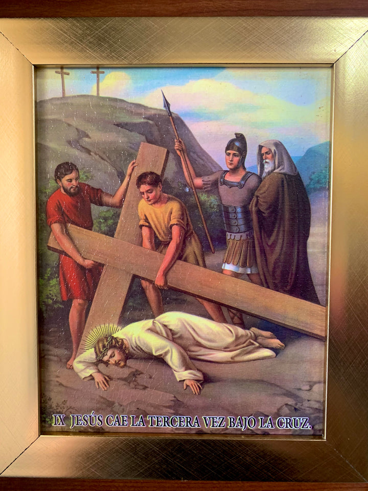 15 Piece Gold Frame "Stations of the Cross" Artworks in Spanish